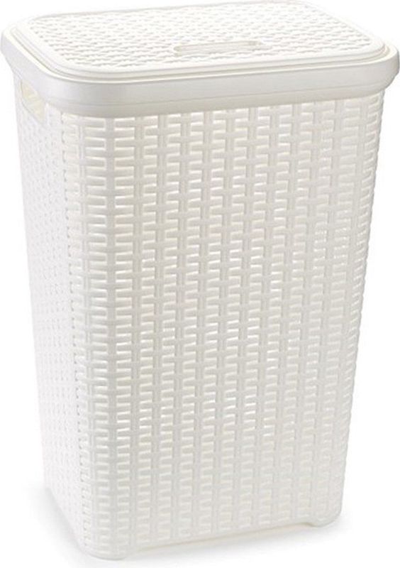 Plasticforte Wasmand met deksel - 60 liter - wit - rotan - kunststof - L35 x B43 x H62 cm