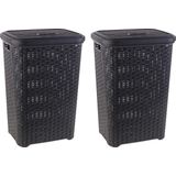 Grote rotan wasmand/opbergmand met deksel 60 liter in kleur donkergrijs - Kunststof - L35 x B43 x H62 cm - Wasmanden