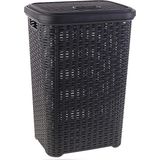 Grote rotan wasmand/opbergmand met deksel 60 liter in kleur donkergrijs - Kunststof - L35 x B43 x H62 cm - Wasmanden