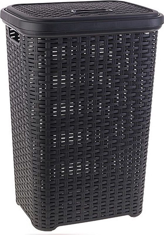 Grote rotan wasmand/opbergmand met deksel 60 liter in kleur donkergrijs - Kunststof - L35 x B43 x H62 cm - Wasmanden