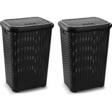 PlasticForte Wasmand met deksel 60 liter zwart rotan kunststof L35 x B43 x H62