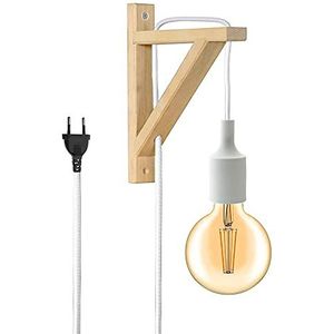 BarcelonaLED wandlamp met kabel, Nordic schakelaar met houten hoek, wit, E27 led-fitting