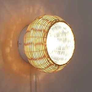B·LED BARCELONA LED LM168 Wilgenhouten wandlamp met kabel, stekker en schakelaar, E27, ronde lampenkap, bamboe, rotan, voor binnenverlichting, nachtkastje, woonkamer, slaapkamer