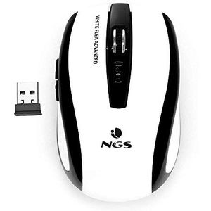 NGS Flea Advanced White Draadloze muis 2,4 GHz, USB-muis voor computer of laptop met 5 toetsen en scroll, 800/1600 dpi, wit en zwart