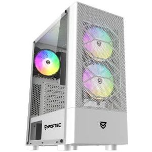 Nfortec - CAELUM PC-behuizing Gaming Mid Tower (ATX), 3 x ARGB 120 mm ventilatoren inbegrepen, voorrooster, zijkanten van gehard glas, wit