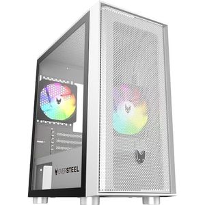 Oversteel - Aeris Gaming PC Case Compatibel met Micro ATX en ITX Boards, 2 120mm RGB Fans Inbegrepen, Mesh Front, 2 Stof Filters, Gehard Zijglas, USB 3.0, Wit