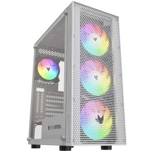 Oversteel - Azurite Gaming-pc-behuizing compatibel met ATX, Micro ATX en ITX-kaarten, 4 x 120 mm A-RGB-ventilatoren, mesh-voorkant, verticale installatie, gehard zijglas, USB 3.0, wit