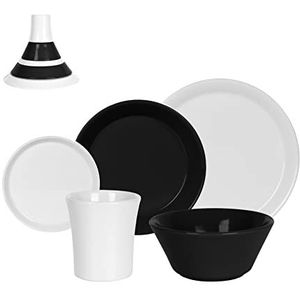 UNITED COLORS OF BENETTON. Black & White tafelservies, 5-delig, bestaande uit 1 serveerbord, 1 dessertbord, 1 kom, 1 kopje, keramiek steengoed, vaatwasserbestendig, wit en zwart