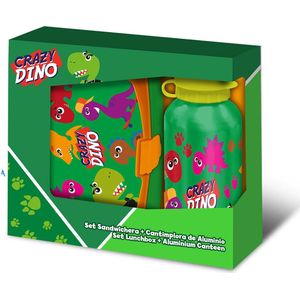 Crazy Dino lunchbox set voor kinderen - 2-delig - groen - aluminium/kunststof  - Lunchboxen