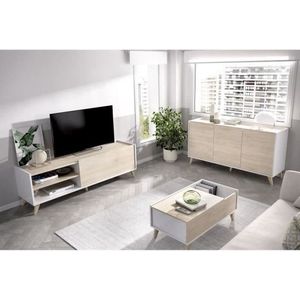 NESS LIDE ROOM SET - 155cm TV -kast + 3 -door buffet 155 cm + liftbare salontafel - Natuurlijke en witte eiken