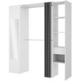 Kleerkast met gordijn en 1 deur - Met spiegel -  L177 cm - Wit en grijs - BERTRAND
