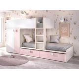 Stapelbed JUANITO met ingebouwde kast en opbergruimte - 2x90x190cm - Wit, eiken en roze