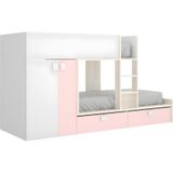 Stapelbed JUANITO met ingebouwde kast en opbergruimte - 2x90x190cm - Wit, eiken en roze