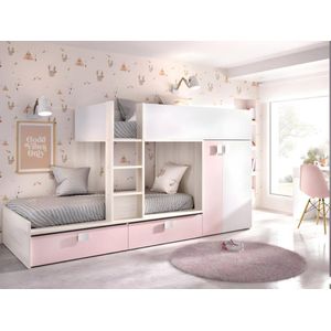 Vente unique Stapelbed JUANITO met ingebouwde kast en opbergruimte 2x90x190cm Wit, eiken en roze 275 x H x D