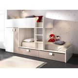 Stapelbed JUANITO met ingebouwde kast en opbergruimte - 2x90x190cm - Wit, eiken en taupe