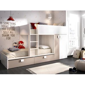 Stapelbed JUANITO met ingebouwde kast en opbergruimte - 2x90x190cm - Wit, eiken en taupe L 275 cm x H 150 cm x D 108 cm