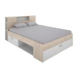 Bed met hoofdeinde, opbergruimte en lades - 160 x 200 cm - Wit en naturel - LEANDRE