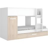 Stapelbed met onderschuifbed en opbergruimte 3x90x190cm - Wit en naturel - ANTHONY