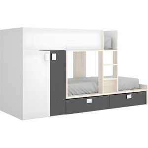 Stapelbed JUANITO met ingebouwde kast - 2 x 90 x 190 cm - Wit, eiken en antraciet L 275 cm x H 150 cm x D 108 cm