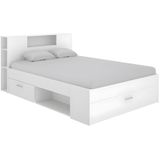 Bed LEANDRE met hoofdeinde, opbergruimte en lades - 140 x 190 cm - Kleur: wit