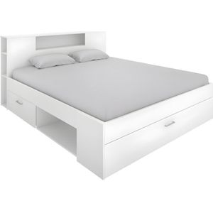Bed LEANDRE met hoofdeinde, opbergruimte en lades - 160 x 200 cm - Kleur: wit