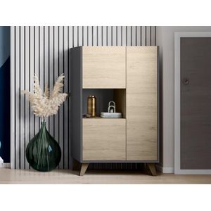 Hoog dressoir - Grafiet en Eiken decor - 3 deuren + 1 nis - NESS - B 81 x D 43 x H 135 cm