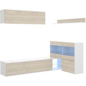 Woonkamermeubelset met LED-vitrinekast - Eiken en wit decor - - L 260 x D 41 x H 180 cm - UMA