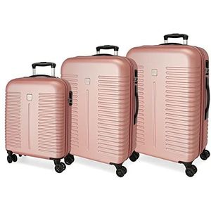 Roll Road India kofferset roze 55/70/80 cm hard ABS combinatieslot aan de zijkant 220L 11,5 kg 4 dubbele wielen handbagage
