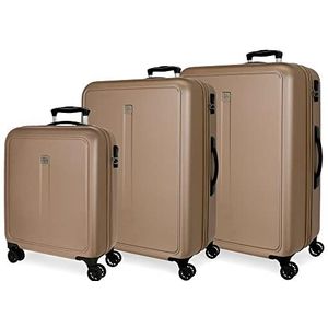 Roll Road Cambodja Cabinekofferset, harde koffer, ABS, verschillende maten, zijdelingse combinatiesluiting, 4 dubbele wielen, handbagage, Champagne, 55/68/78 cm, Set van 3 koffers