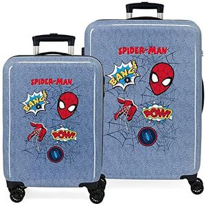 Marvel Spiderman Denim kofferset, blauw, 55/68 cm, stijve ABS-combinatiesluiting, zijkant, 104 l, 6 kg, 4 wielen, handbagage