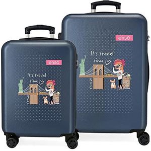 Enso Travel Time kofferset, blauw, 55/65 cm, stijf, ABS-combinatiesluiting, zijkant, 91 l, 6 kg, 4 wielen, handbagage