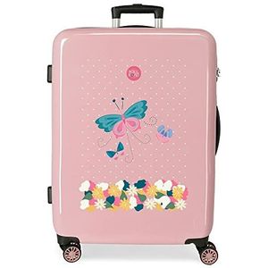 Roll Road Precious Flower koffer, middelgroot, roze, 48 x 68 x 26 cm, stijve ABS-sluiting, geïntegreerd, 70 l, 3 kg, 4 wielen