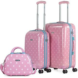 SKPAT - Set van 2 Rigid trolley koffers, 50/60 cm, en Beauty Case Printed polycarbonaat. Lichtgewicht. Telescopische handgreep, 2 handgrepen en 4 wielen. 66400B, kleur Roze