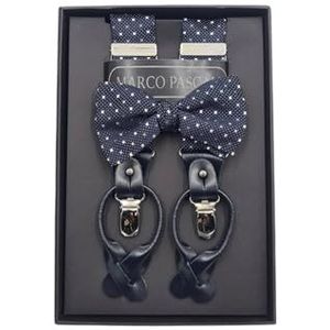 Marco Pascali Set: Bretels met vlinderdas van 100% zijde, marineblauw met witte molen, standaard voor heren, Marineblauwe achtergrond met witte stippen