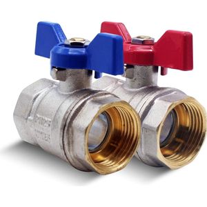 Kogelkraan, 2 afsluitkranen 3/4 inch, blauw en rood, PN-25 binnendraad-binnendraad, in messing, kogelkraan met vleugelgreep voor toilet, water met gas, sanitaire slangen