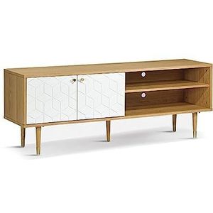 SHIITO - TV-kast – 150 x 40 x 55 cm – model Novo – dressoir met 2 laden en centrale plank, MDF, walnoothout, details in goud – bruin en wit