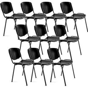 Ofitura Bureaustoel zonder wielen, bureaustoel van kunststof met metalen structuur, stoel voor wachtkamer, ontvangst, vergaderingen, conferenties enz. (10 stoelen, zwart)