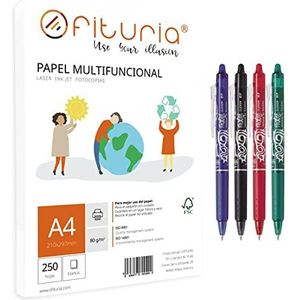 Verpakking van 80 g A4-vellen, met 250 witte vellen, multifunctioneel papier, voor school- en werkomgevingen, ideaal voor laser- of inkjetprinters + 4 Pilot Frixion (roze/paars/lichtblauw) - Opituria