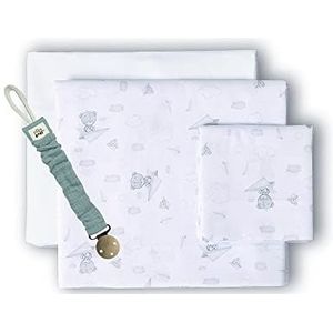 Set van 3 lakens voor kinderbed Avión peel en blanco grijs en fopspeenketting met clip, 100% katoen, bedlaken voor mini-kinderbed
