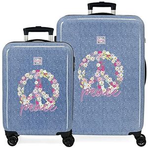 Roll Road Peace ABS bagage, zijcombinatie, dubbele wielen, verschillende maten, roze en blauw, Blauw, Eén maat, Koffer Set