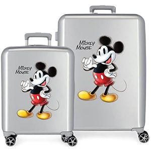 Disney Mickey Joyful Kofferset, 100 stuks, grijs, 55/70 cm, stijf, ABS-sluiting, geïntegreerde TSA-sluiting, 119 l, 6 kg, 4 wielen, dubbele wiel, handbagage, Grijs, Eén maat, kofferset