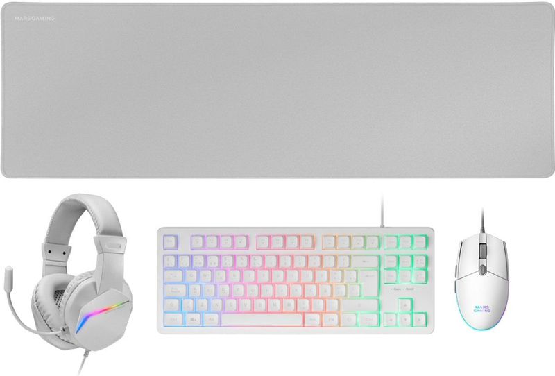 Mars Gaming - MCP-RGB3 - Gamingpakket - Wit - Toetsenbord met RGB - Gaming Muis - Headset Over-Ear - XXL Muismat