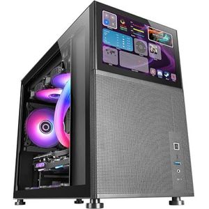 Mars Gaming MC-LCD pc-behuizing, micro-ATX, compact, 8 inch IPS LCD-display, zijrooster, boven- en voorkant, zijvenster van gehard glas, mini-speeltoren met modulair paneel, zwart