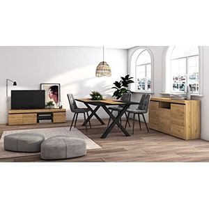 Skraut Home - Meubelset voor de woonkamer | tafel 200 tweekleurig poten x 10 gasten | tv-kast 160 | spatbescherming / dressoir 140 | eiken en zwart | industriële stijl