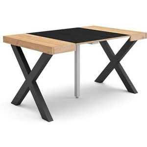 Skraut Home Uitschuifbare consoletafel, meubelconsole, 140, voor 6 personen, massief houten poten, moderne stijl, eiken en zwart
