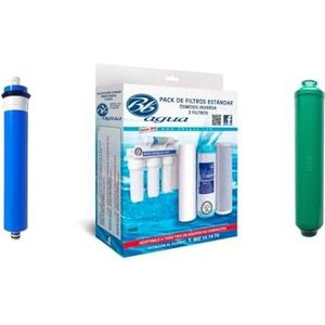 50 GPD-membraan + Pak van 3 osmosefilters + Remineraliserend nafilter. Pakket van 3 filters bestaande uit 1 sediment, 1 GAC koolstof, 1 blok koolstof. Bbagua.