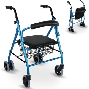 Mobiclinic Prado - Rollator - Looprek met 4 wielen - Stoel en Rugleuning - Opvouwbare en Verstelbare in Hoogte - Lichtgewicht - Aluminium - Zitting en mandje - Drukremmen - Blauw