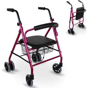 Mobiclinic Prado - Rollator - Looprek met 4 wielen - Stoel en Rugleuning - Opvouwbare en Verstelbare in Hoogte - Lichtgewicht - Aluminium - Zitting en mandje - Drukremmen - Roze