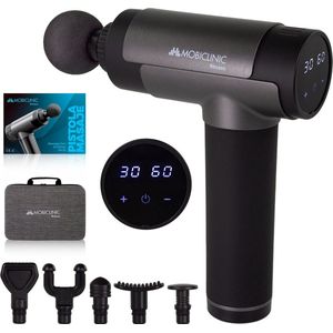 Mobiclinic, Massage Gun, Europees merk, Massage pistool, 6 verschillende Opzetstukken, 30 instelbare intensiteitsniveaus, LCD scherm, Spiermassagepistool, Diep weefsel massageapparaat, Draagbaar, Grijs