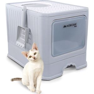 Mobiclinic CatBox - Kattenbak - Gesloten kattenbak met borstel - Incl. Kattenbakschep, Grit Opvanger & Geurneutralisator - Geschikt voor Alle Katten - Onderdak - 51 x 38 x 37,5 cm - Grijs/Wit